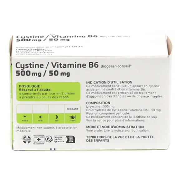 Cystine Vitamine B6 Biogaran 500 mg/50 mg comprimés