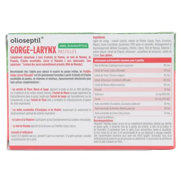 Olioseptil Gorge Larynx pastilles Miel Eucalyptus